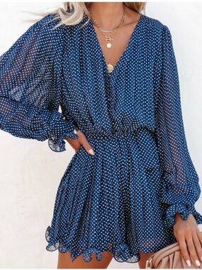 Endless Rose Navy Blue Polka Dot Long-Sleeve Wrap Romper Dress